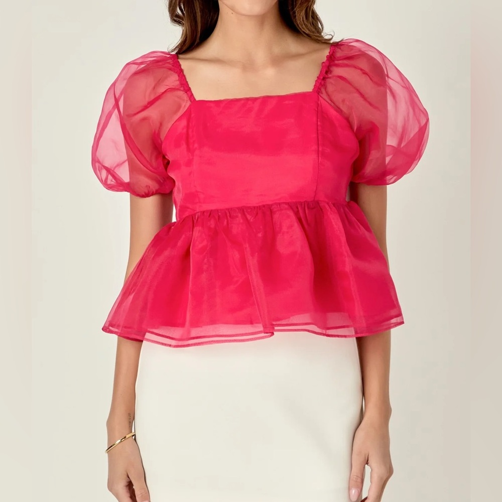 English Factory Organza Hot Pink Puff Sleeve Peplum Top Size Small